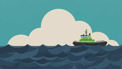 Green Tugboat Floating on Dark Blue Ocean Waters with Creamy Clouds