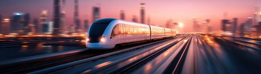 Naklejka premium A sleek train travels swiftly along elevated tracks, illuminated by city lights at dusk, showcasing a blend of modern transportation and urban landscape.