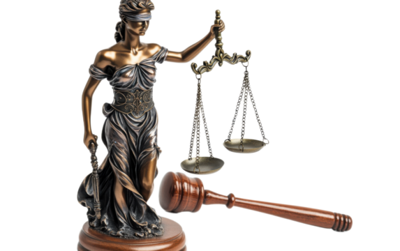Brown justice statue with scale on white background,png
