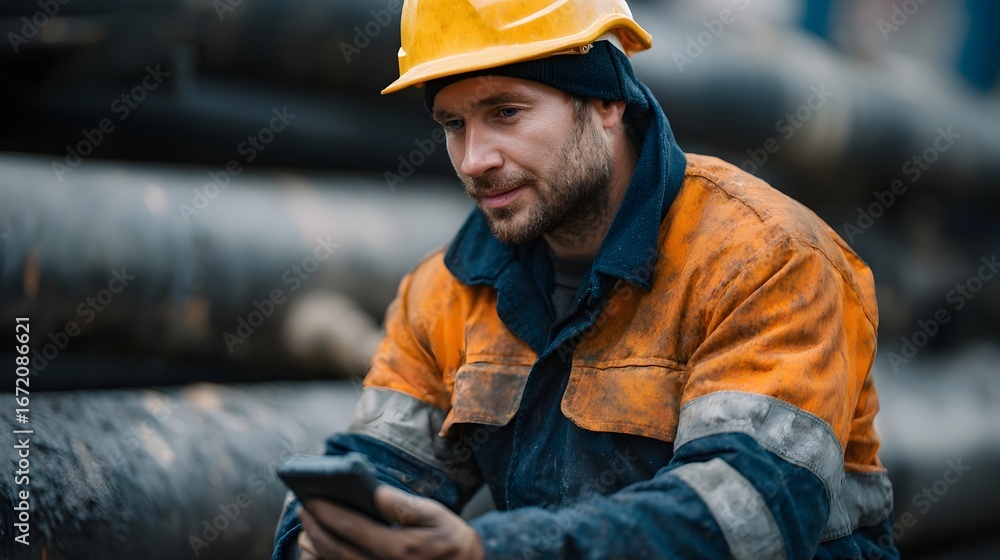 Poster worker inspecting underground pipes using sensor device