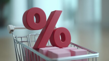 Vibrant percentage symbol in shopping cart representing discounts sales and promotions in retail business and consumer finance marketing