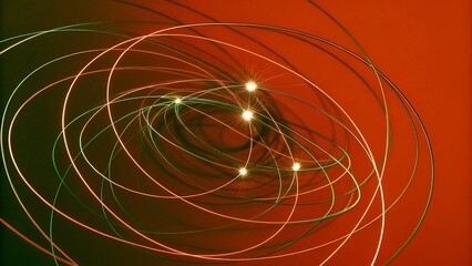 Abstract network of glowing lights and wireframe spheres with a red gradient