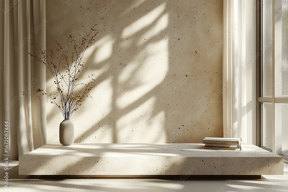 Poster minimalistic indoor space with soft sunlight casting shadows, featuring a vase and a book on a simpl
