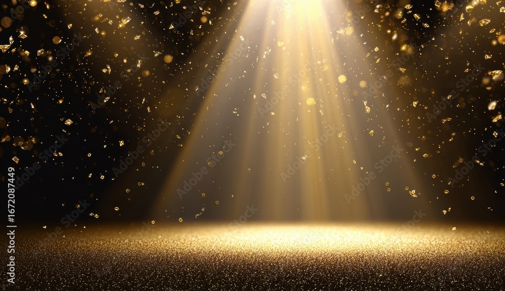 Poster a shimmering golden light beams down onto a sparkling surface, creating an elegant and enchanting at