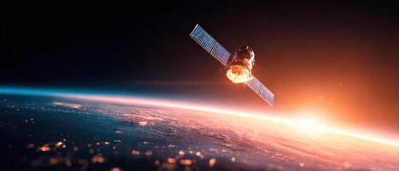 Obraz premium A satellite orbits Earth, capturing a beautiful sunrise over the planet's surface, highlighting the connection between technology and the cosmos.