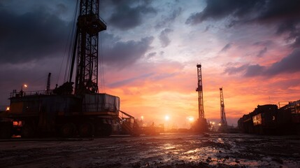 Obraz premium Dramatic sunset over an active oil drilling site with heavy hinery