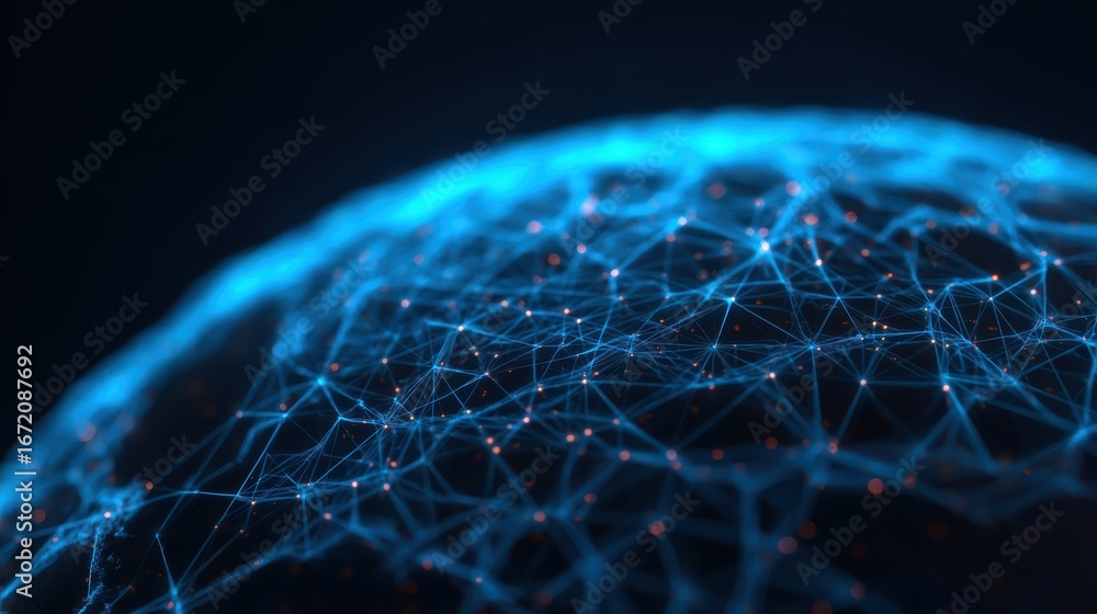 Poster a digital representation of a connected network, showcasing blue lines and nodes against a dark back