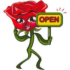 cute red rose flower cartoon mascot character vector illustration showing a sign that says open, work of hand drawn