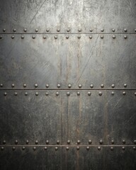 Close up of a dark metal plate with rivets, creating a textured and industrial background, perfect for adding a vintage or grunge touch to designs