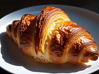 Crispy Croissants Layered with Butter with a Golden Texture on a White Plate