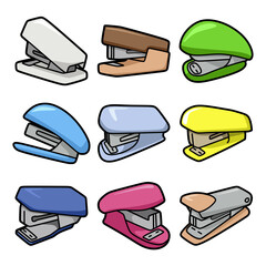 Set of colorful cartoon staplers isolated on white background