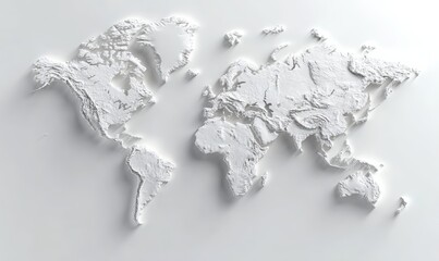 A minimalist, three-dimensional world map rendered in white, showcasing geographical contours and features.
