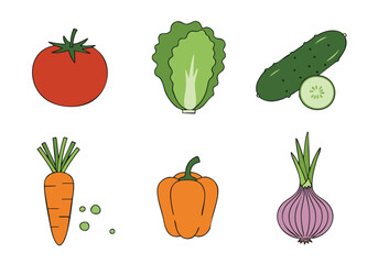 Vibrant collection of fresh, hand-drawn cartoon vegetables including tomato, lettuce, cucumber, carrot, bell pepper, and onion, perfect for healthy eating designs.