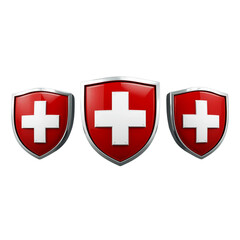 Three swiss cross shields emblem isolated on transparent background