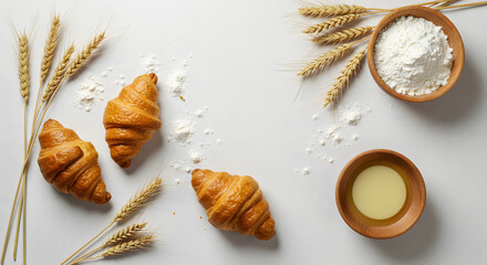 Artisanal croissant baking arrangement displaying wheat stalks flour and oil on a bright neutral backdrop capturing