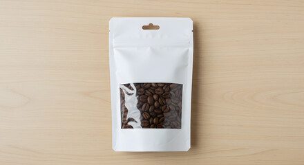 Minimalist presentation of roasted coffee beans in a sleek white package displayed on light wood offering a clean and