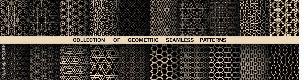Poster geometric set of seamless black and golden patterns. simple vector graphics