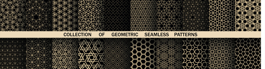 Geometric set of seamless black and golden patterns. Simple vector graphics