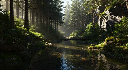 Tranquil forest stream reflecting sunlight, embraced by lush greenery and towering trees offering a serene escape into