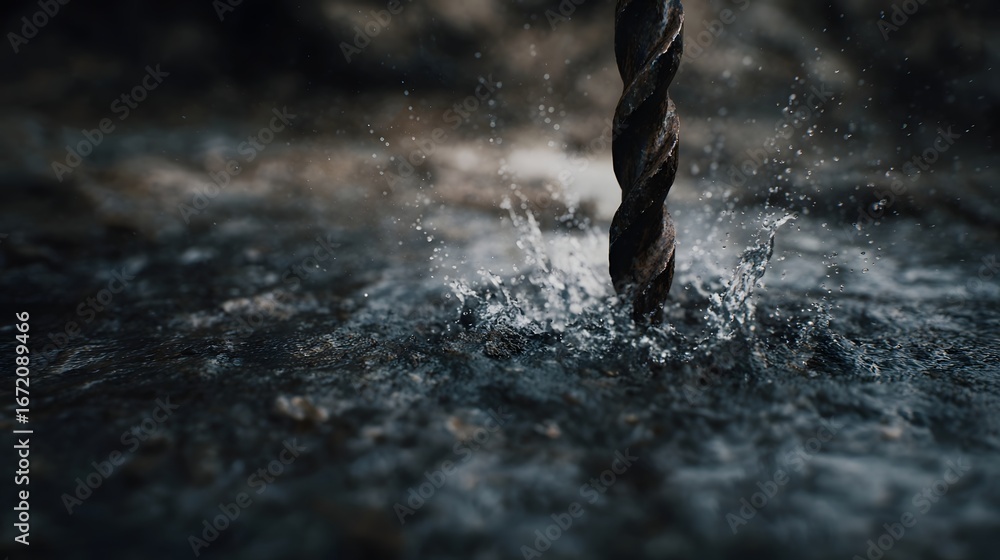 Poster drill bit rotating into deep ground during oil extraction process close up view
