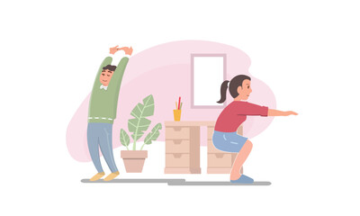 Office Workout Vector Illustration, Healthy Lifestyle, Stretching and Exercise at Desk