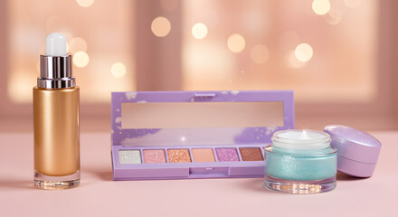 Chic cosmetics display with golden serum, pastel eyeshadow palette, and shimmering moisturizer against a bokeh backdrop