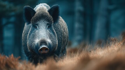 Wild boar foraging in forest environment during early morning light with mist and soft focus on surrounding foliage