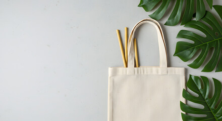 Eco-Friendly Lifestyle Still Life Featuring a Reusable Tote Bag with Bamboo Straws and Monstera Leaves on a Minimalist
