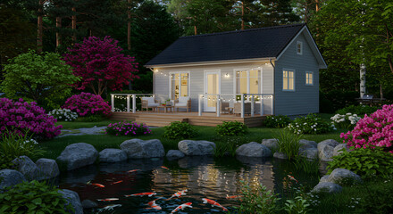 Idyllic backyard with tranquil pond featuring vibrant koi fish surrounded by lush greenery and a charming cottage