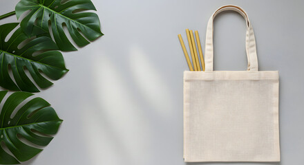 Eco-Friendly Lifestyle Still Life: Canvas Bag with Bamboo Straws and Tropical Monstera Leaves Composition on a