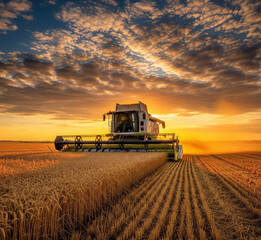 Fototapeta premium Harvesting wheat field at sunset with combine harvester in golden hour