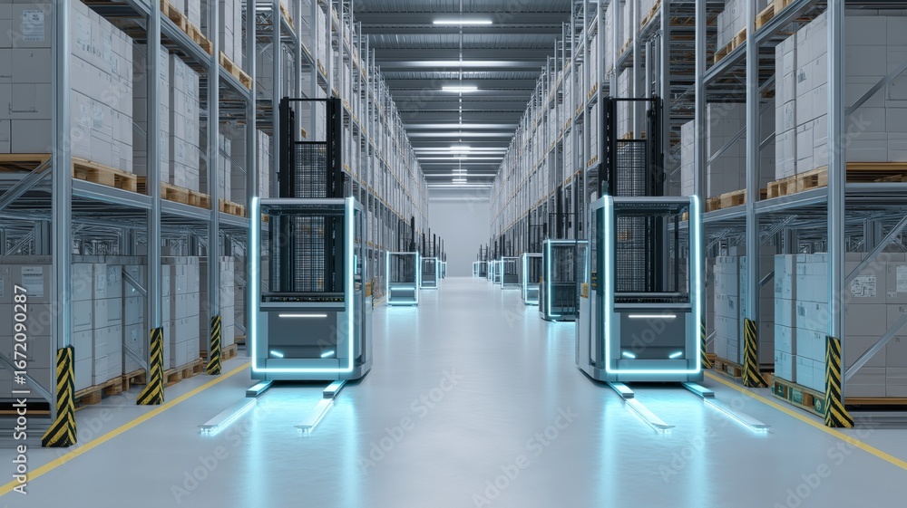 Poster robotic forklifts navigate a spacious warehouse filled with stacked inventory crates.