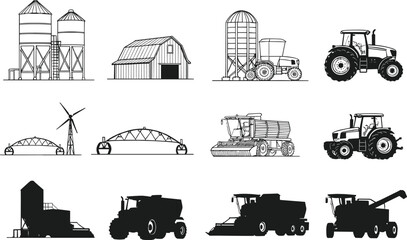 Farm machinery silhouette, tractor, barn, silo, harvester, windmill, agriculture equipment, rural building, farming tools, vector illustration, agricultural icons