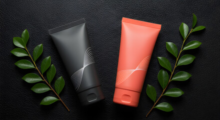 Elegant skincare product tubes in monochrome and coral hues against textured background with natural foliage accents