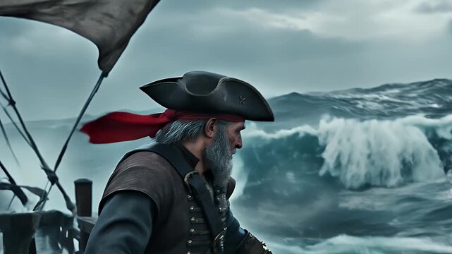 Weathered Pirate Captain Observes Stormy Ocean Waters on Ship Deck