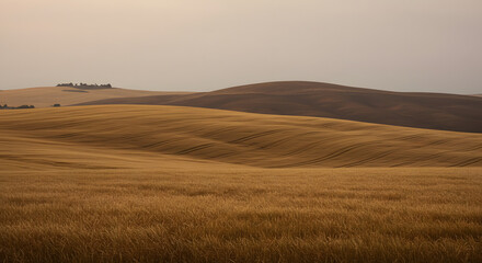Golden hour bathes undulating wheat fields, revealing serene layers and distant tree silhouettes against a muted sky,