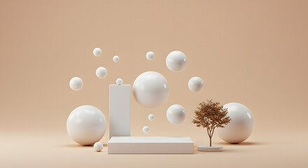 Serene presentation platform adorned with hovering spheres and a miniature foliage embodying refined minimalism and