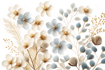 delicate white and blue dried flowers scattered isolated on white background png, ai generated.