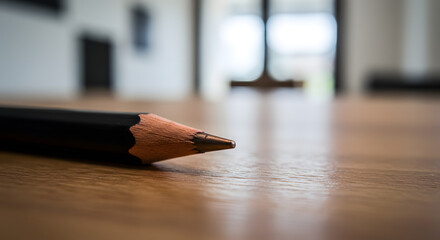 Sharp focus on a black pencil resting on a polished wooden surface in a bright minimalist interior workspace with