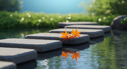 Tranquil stepping stone path through a reflective water garden with autumn foliage and soft sunlight enhancing a