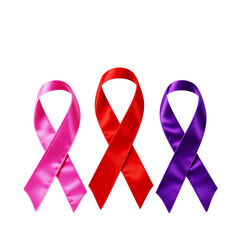 Three awareness ribbons pink red and purple isolated on transparent background