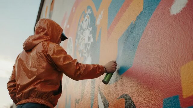 Street Artist in a Hoodie Using a Spray Can to Create a Colorful Graffiti Mural