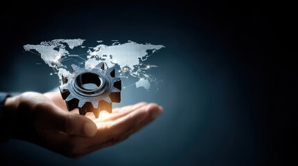 Hand Holding Gear with World Map Illustration