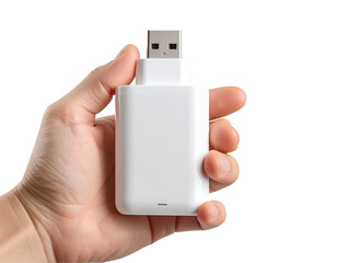 Hand Holding White USB Charger Adapter Isolated on Transparent Background