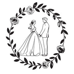 Bride & Groom with Roses Line Art Design