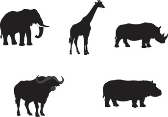 Silhouettes of African wildlife including elephant, giraffe, rhino, hippo, and buffalo for nature, safari, conservation, and animal design themes