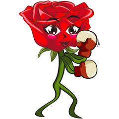 cute red rose flower cartoon mascot character vector illustration boxing work out wearing boxing glove, work of hand drawn