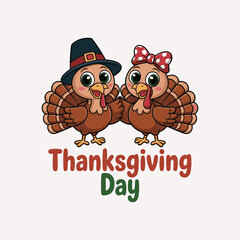 Cute cartoon turkeys with pilgrim hat and bow, Thanksgiving Day illustration, festive holiday birds design for greeting card, poster, invitation, decoration.
