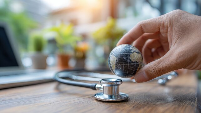 Hand Holding Globe Above Stethoscope on Wooden Table - Powered by Adobe