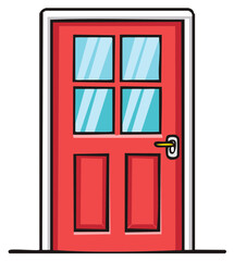 Bright Red Front Door with Paned Windows and Metal Door Handle Isolated on White